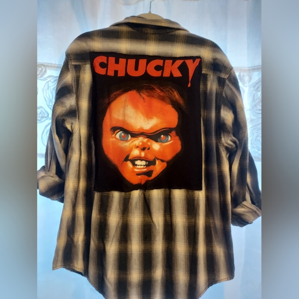 UPCYCLED HALLOWEEN STYLE BLUE/GRAY FLANNEL WITH CHUCKY SZ L